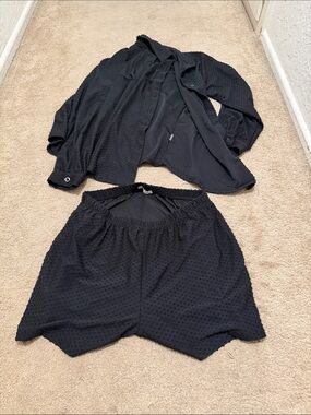 Black Textured Two-Piece Set - Lightweight Shirt & Elastic Waist Shorts
